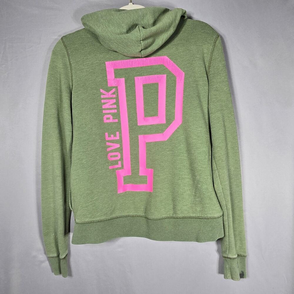 PINK Victoria's Secret Hoodie XS Green Full Zip Love Pink 86 Graphic Y2K Varsity